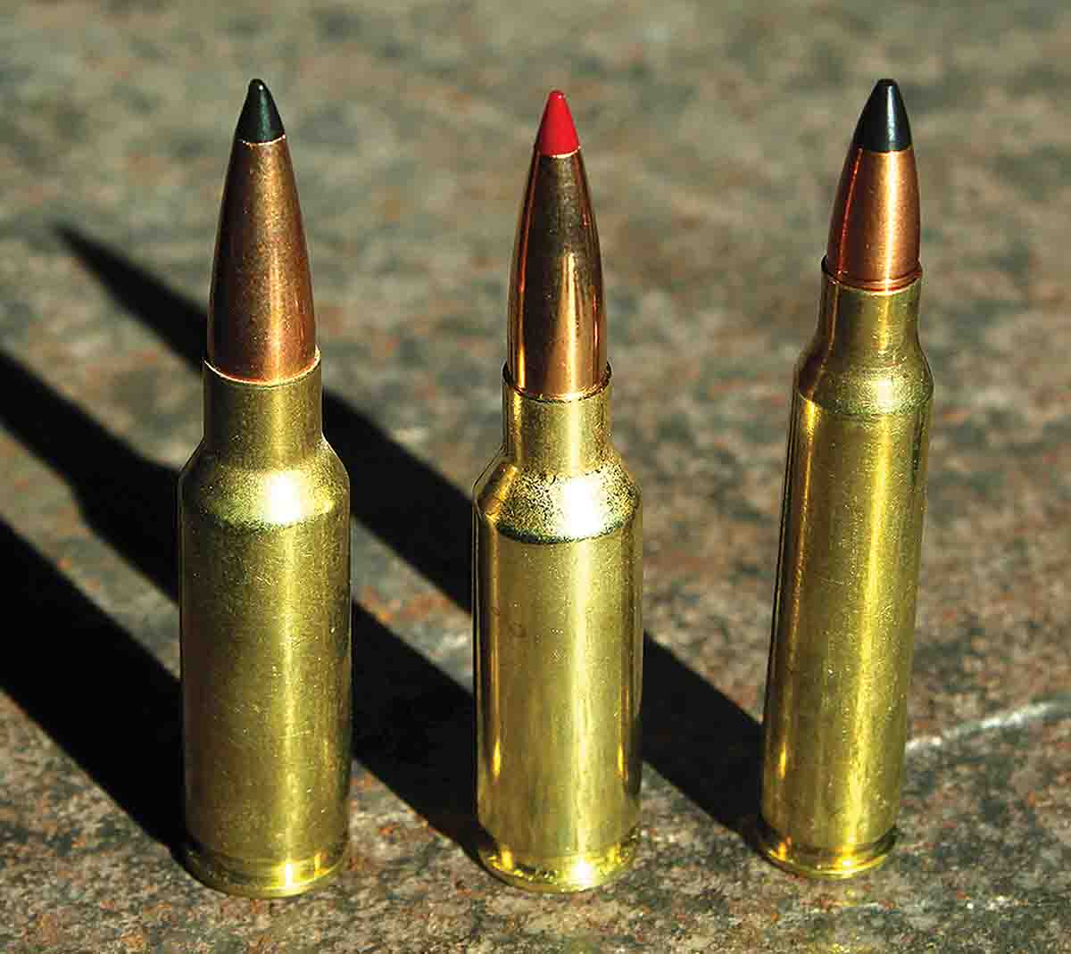 Shown for comparison (left to right): the parent case 6.5 Grendel, Hornady’s 6mm ARC and the venerable .223 Remington.